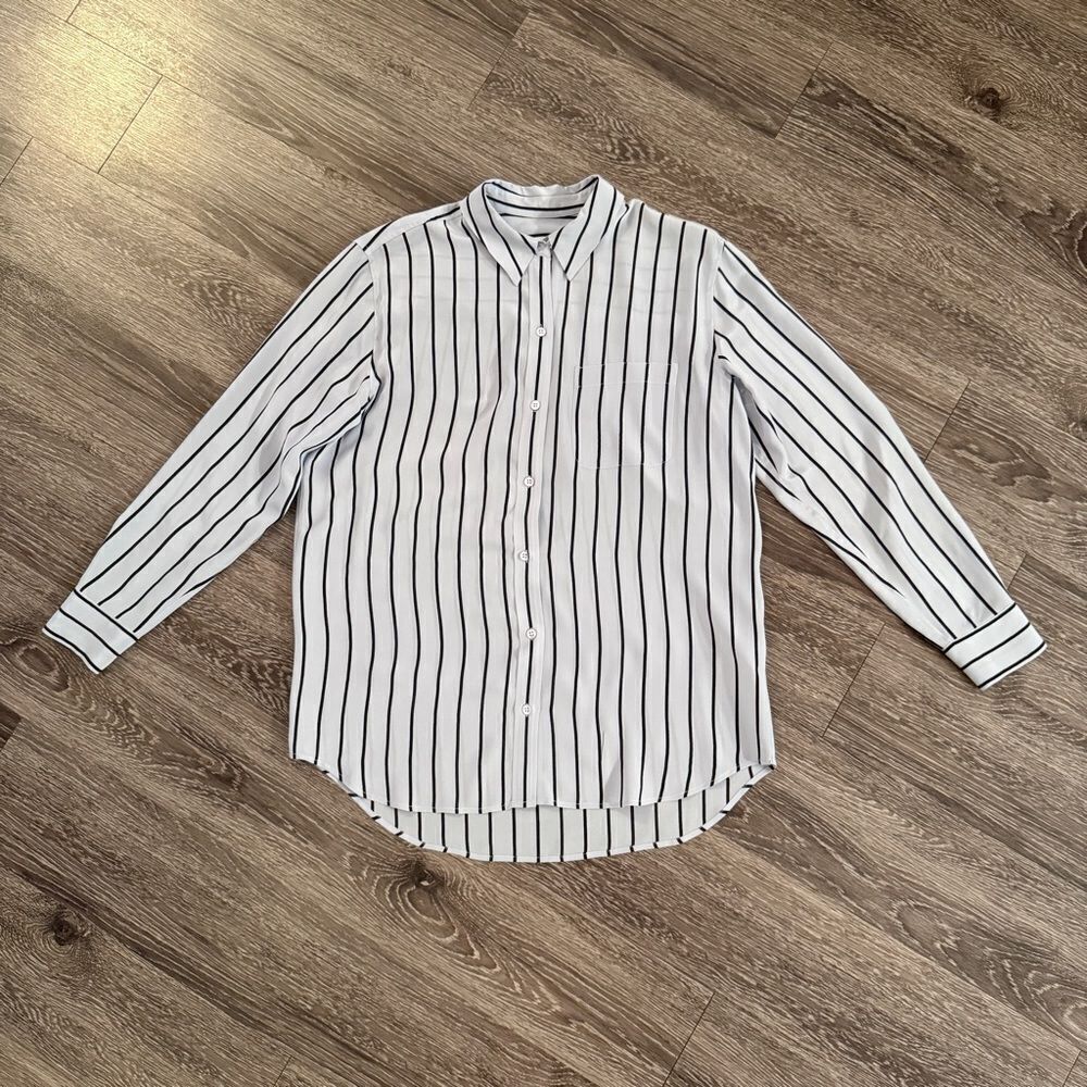 Equipment Light Blue Black Stripe Silk Button Up